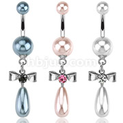 Pearl Coated Navel Ring with Gemmed Bow + Freash Water Pearl Dangle