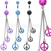 316L Surgical Steel Navel w/Lava UV Splatter Balls and Triple Dangle Splatter Peace Signs