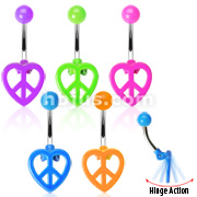 316L Surgical Steel Navel with  Moving Hinge Neon Colored Heart Peace Sign