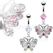 316L Surgical Steel Prong Set Navel with Gem Paved Butterfly Dangle