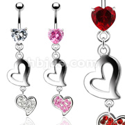 316L Prong Set Heart Navel with Heart and CZ Paved Heart Dangle