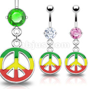 316L Surgical Steel Belly Rings with Prong set Round CZ and  Rasta Colored Peace Sign Dangle
