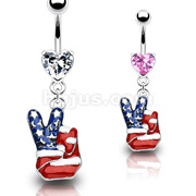 316L Surgical Steel Prong Set Heart Navel with American Flag Colors Finger 