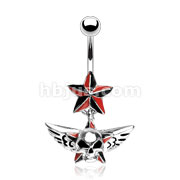 316L Surgical Steel Black and Red Star Navel with Winged Star Skull Dangle
