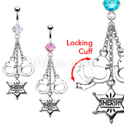 316L Surgical Steel Prong Set Navel w/ Dangling Handcuffs and Sheriff Badge