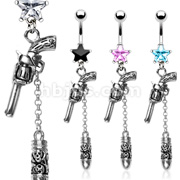 316L Surgical Steel Prong Set Star Navel with Revolver Gun and a Skull Carved Bullet Dangle
