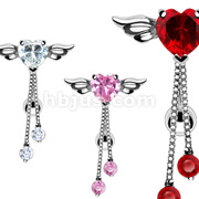 Reversed Angel Winged Heart Navel with Double Chained Prong Set Round CZ Dangle