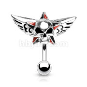 Top Down 316L Surgical Steel Black & Red Star with Winged Star Skull Navel Ring