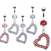 50 Pcs of Assorted Color 316L Surgical Steel CZ Navel Ring with Multi Gem Paved Heart Dangle