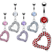 316L Surgical Steel CZ Navel Ring with Multi Gem Paved Heart Dangle