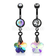 Black IP Surgical Steel Crystal Ray Prism Flower Navel Ring