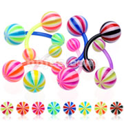 160 Pcs Assorted BioFlex Navel Rings 3-Color Candy Striped UV Balls