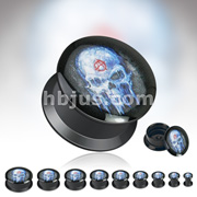 Black Acrylic Double Flat Flare Screw Fit Plug with 'Anarchy Skull' Print 