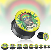 Black Acrylic Double Flare Flat Screw Fit Plug with 'Rastafari Blaze' Print 