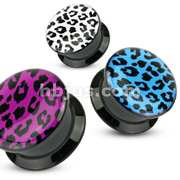 Black Acrylic Double Flat Flare Screw Fit Plug with Leopard Skin Print 