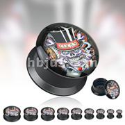 Black Acrylic Double Flare Flat Screw Fit Plug with 'Lucky Devil' Print 