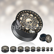 Black Acrylic Double Flare Flat Screw Fit Plug with 'Chamber of Bones' Print 