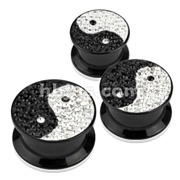 Yin Yang Black & Clear CZ Ferido Top Screw Fit Flat Flared Stash Black Acrylic Plug