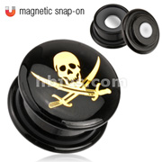Golden Pirate Skull Embossed Plate Epoxy Dome Top Magnetic Snap-On Double Flat Flared Acrylic Plug (not intended for non piercing)