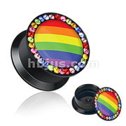 Rainbow Flag with Multi Color Gemmed Rim Screw Fit Flat Flared Stash Acrylic Plug