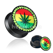 Pot Leaf Rasta with Green Gemmed Rim Screw Fit Flat Flared Stash Acrylic Plug