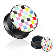 Black Acrylic Screw Fit Stash Plug with Multi Color Checker Print