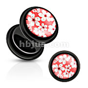 Black Acrylic Fake Plug with Cherry Blossoms Over Pink Inlay with O-Rings
