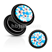 Black Acrylic Fake Plug with Pink Cherry Blossoms Over Blue Print Inlay with O-Rings