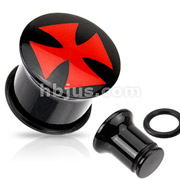 Red Iron Cross Logo Inlay Top Single Flared Acrylic Plug with O-Ring