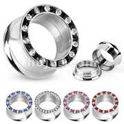 316L Surgical Steel Double Flared Screw-Fit Tunnel Plug with Multi Gemmed Rim
