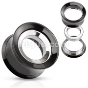 316L Surgical Steel Black IP Double Flared Screw-Fit Tunnel Plug with Interchangeable Hollow Plate