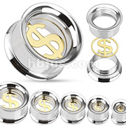 316L Surgical Steel Double Flared Screw-Fit Tunnel Plug with Interchangeable Gold IP Money Logo Inner Plate