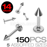 150 Pcs of 14 Gauge 316L Surgical Stainless Steel Mixed Size Labret with Spike Top