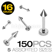 150 Pcs of 16 Gauge 316L Surgical Stainless Steel Mixed Size Labret with Spike Top 