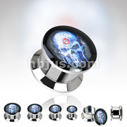 316L Surgical Steel Double Flare Flat Screw Fit Plug with 'Anarchy Skull' Print 