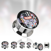 316L Surgical Steel Double Flare Flat Screw Fit Plug with 'Lucky Devil' Print 