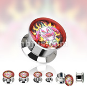 316L Surgical Steel Double Flare Flat Screw Fit Plug with 'Wicked Inferno' Print 