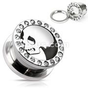 316L Surgical Steel Clear CZ Rim Skull Plate Top Screw-Fit Tunnel Plug