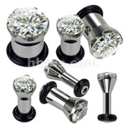 Assorted 316L Surgical Stainless Steel Prong set CZ Single Flare Tunnels with 1-black O-Ring