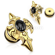 316L Surgical Steel Gold IP Tribal Cross with Black Center Gem Fake Plug