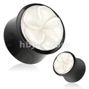 Organic Buffalo Horn Saddle Fit Plug with White Hand Carved Bone Five Petal Floral Inlay 