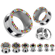 70 Pcs of Assorted Size Rainbow Gems Rimmed Screw Fit Tunnel