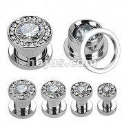 60 Pcs of Assorted 316L Surgical Steel Screw Fit Hollow Tunnel with Clear Multi-Gemmed Rim and Clear CZ Center