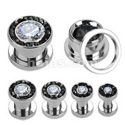 60 Pcs of Assorted 316L Surgical Steel Screw Fit Hollow Tunnel with Black Multi-Gemmed Rim and Clear CZ Center