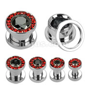 60 Pcs of Assorted 316L Surgical Steel Screw Fit Hollow Tunnel with Red Multi-Gemmed Rim and Black CZ Center