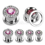 60 Pcs of Assorted 316L Surgical Steel Screw Fit Hollow Tunnel with Clear Multi-Gemmed Rim and Pink CZ Center