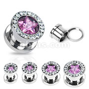 80 Pcs of 316L Surgical Steel Screw Fit Hollow Tunnel with Pink Star CZ and Multi-Gemmed Rim