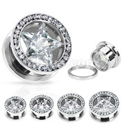 40 Pcs of Large Size 316L Surgical Steel Screw Fit Hollow Tunnel with Clear Star CZ and Multi-Gemmed Rim