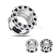 316L Surgical Steel Screw-Fit Tunnel Plug with Gemmed Rim & Side