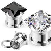 316L Surgical Steel Square Dia Cut CZ Quad Prong Screw-Fit Hollow Plug
